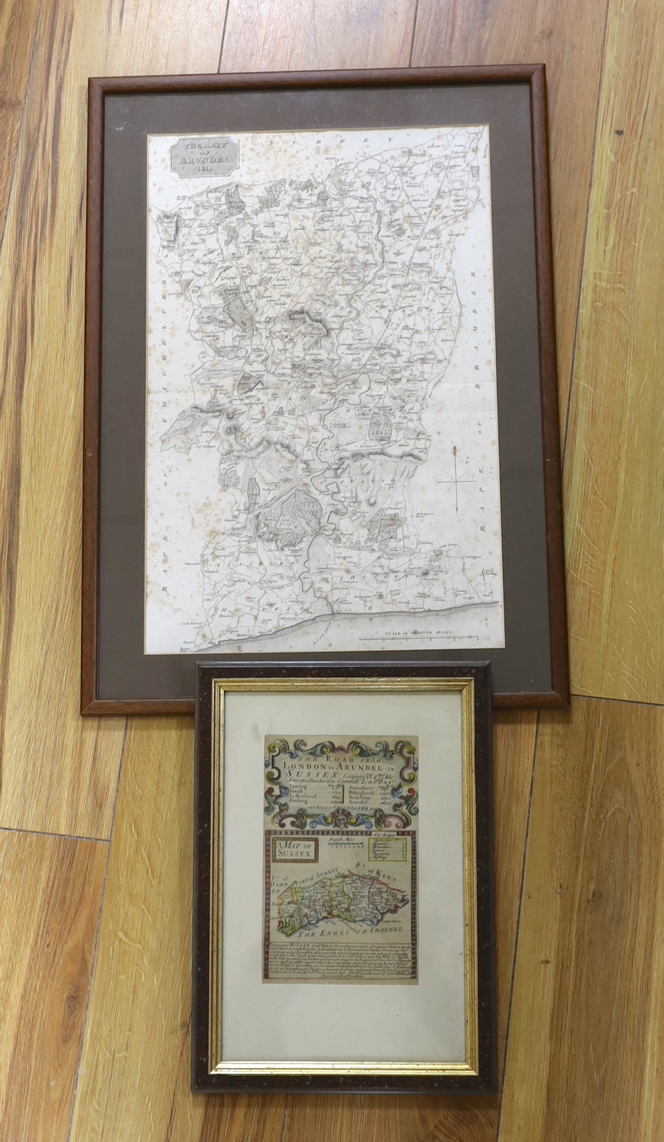 Two 18th/19th century maps comprising, Emanuel Bowen (1694-1767) The Road from London to Arundel in Sussex, hand coloured and The Rape of Arundel, 1819, 42 x 27cm